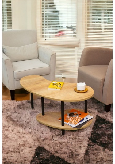 Yüksek Kalite Orta Sehpa 2 Raflı Ahşap Ayaklı Fasulye Gazetelikli Dekoratif Lüks Sehpa Safir Meşe