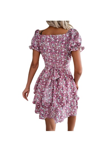 Gmxıa Yaz/ilkbahar Kadın Modası Dar Kesim Kare Yaka Kısa Kollu Elbise Mavi