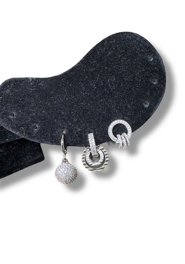 Yuvarlak Gri Taşlı Klipsli Şık Üçlü Çelik Küpe