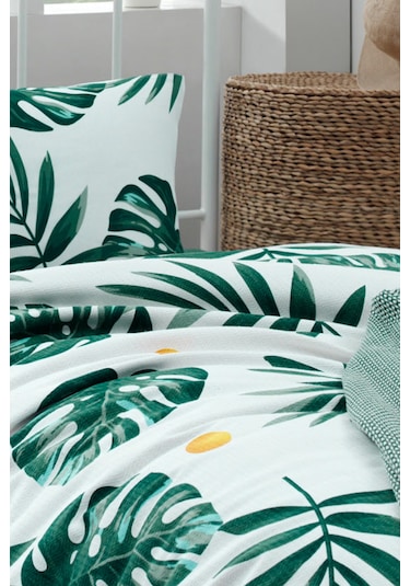 Tek Kişilik Baskılı Pike Takımı Monstera Yeşil Yeşil