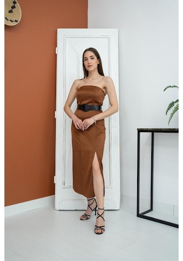 Kahverengi Straplez Saten Elbise Kahve