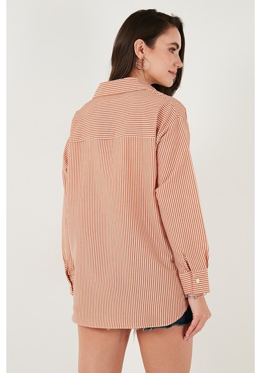 Lela Regular Fit Uzun Kollu Cepli Çizgili Bayan Gömlek 6772895 Kiremit