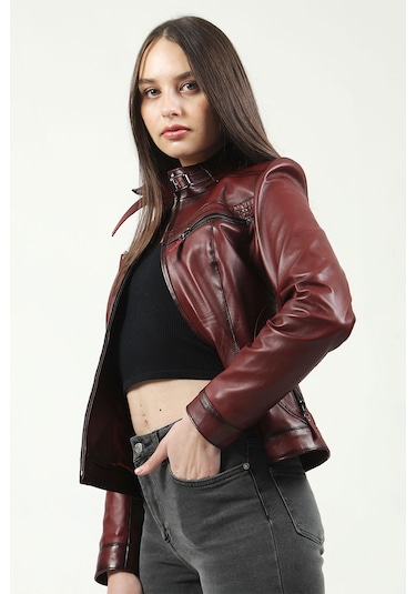 Dericlub Yb-2107 Gerçek Deri Kadın Mont Bordo