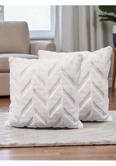 İskandinav Stil Peluş Yumuşak Dokulu Dekoratif Kırlent Kılıfı 2 Li Set 43x43 Cm Krem Balıksırtı