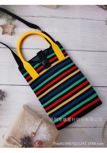 Yaz Sıcak Satış Sezon Örme Küçük Kare Çanta Kaliteli Çanta Crossbody Cep Black Rainbow Siyah