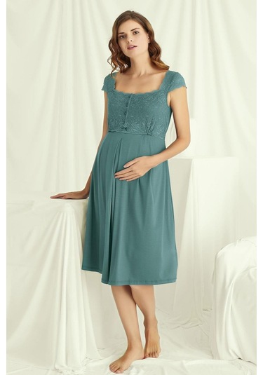 Monamise 18536 Hamile Lohusa Kalın Askılı Dantelli Gecelik-yeşil