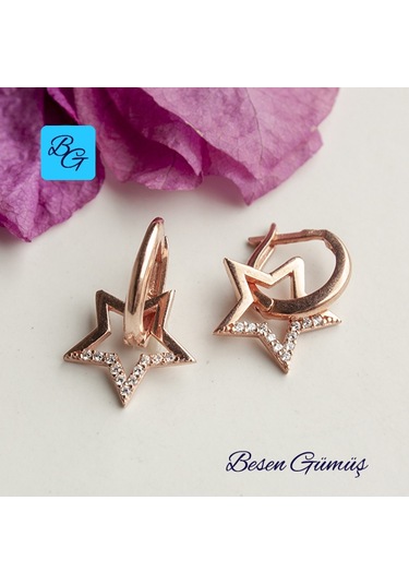 Rose Zirkon Taşlı Yıldız Küpe Gümüş
