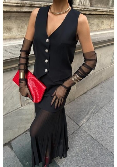 Yelek Ve Pilise Etekli Premium Takım 10096 Si Yah