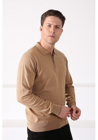 Ferraro Camel Polo Yaka Fermuarlı Erkek Pamuk Kazak Camel