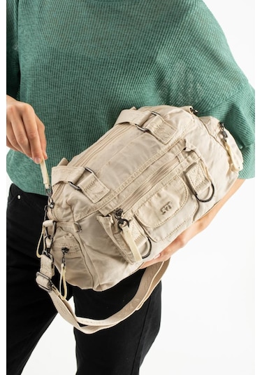 Kadın Omuz Çantası Çapraz Askılı Postacı Bayan Çantası 21 31 Cm Poliamid Hafif Kumaş Kol Çantası Krem