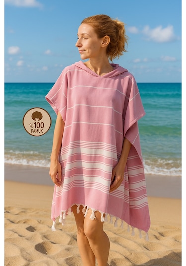 %100 Pamuk Yetişkin Peştemal Panço Bornoz Plaj Havlusu Pembe L-xl Pembe