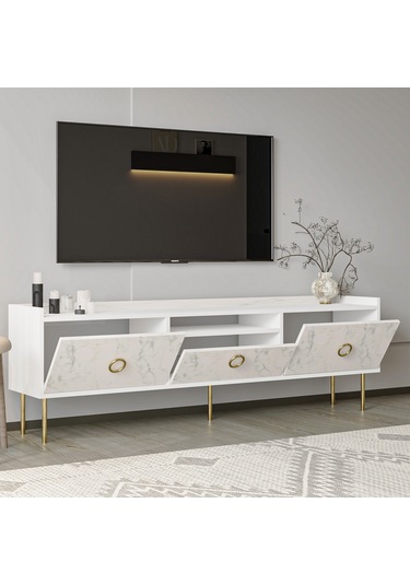 T0015 Lidya Kapaklı, Açık Raflı Tv Sehpası - Beyaz/mormo Beyaz Mermer Beyaz/mormo Beyaz Mermer