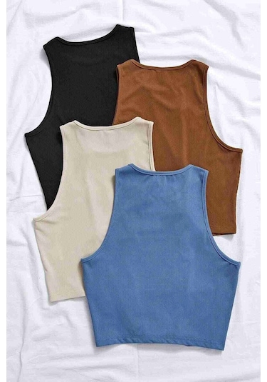 Merry See Tek Renk 1 Adet Kadın Kolsuz Örme Kumaş Bluz Crop Krem 001