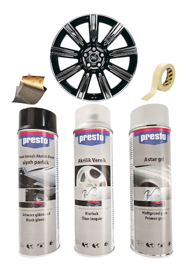 Presto Parlak Siyah Sprey Jant Boyama Seti+vernik+astar 500 Ml.