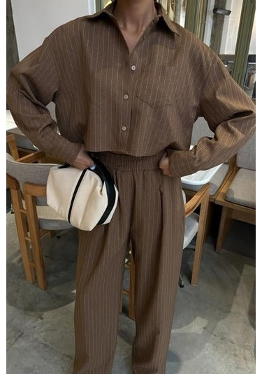 Crop Gömlekli Çizgili Takım 10080 Kahverengi