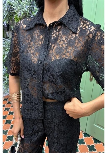 Pantolonu Astarlı Dantel İkili Takım 10119 Si Yah