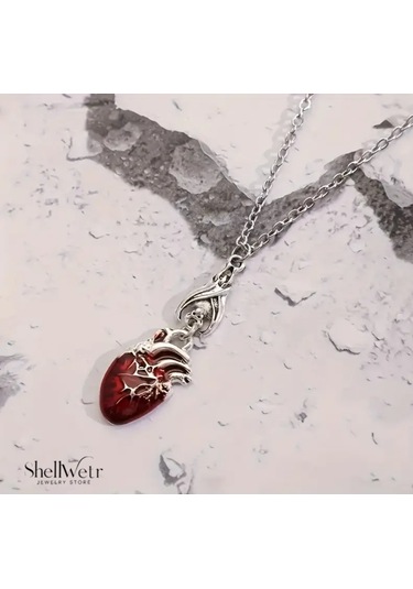 Rubicore Dramatik Gotik Tarz Kırmızı Kalpli 925 Ayar Gümüş Zincir Unisex Kolye Gümüş