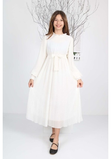 Kız Çocuk Uzun Boydan Pliseli Şifon Elbise Beyaz