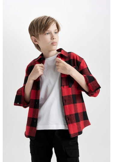 DeFacto Erkek Çocuk Oversize Geniş Kalıp Polo Yaka Pamuklu Uzun Kollu Kareli Gömlek D9721A824WNRD350