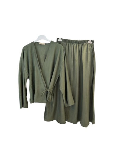 Z-556 Üstü Kimono Kısa Etekli Çilek Takım Haki