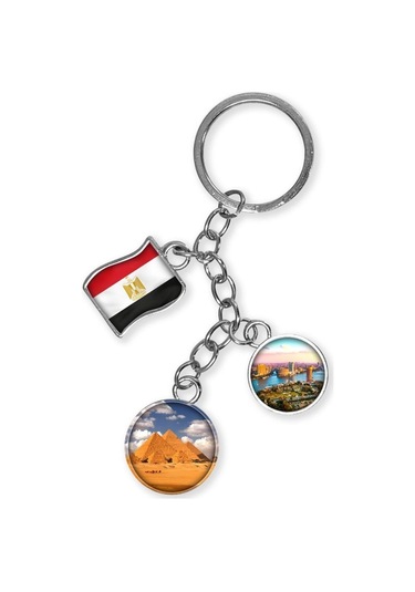Mısır Üçlü Epoksi Metal Çift Taraflı Damla Anahtarlık Egypt Gümüş