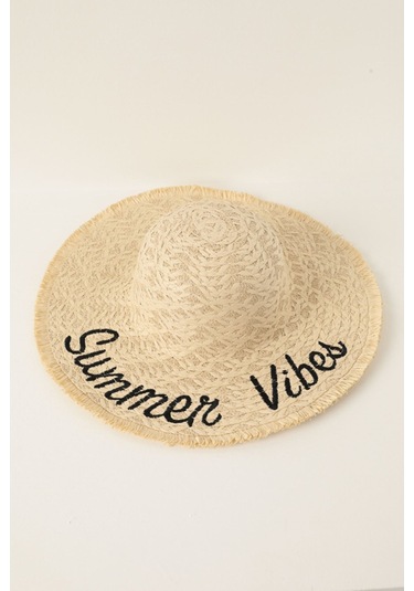 Bej Summer Vibes Yazılı Hasır Şapka Bej