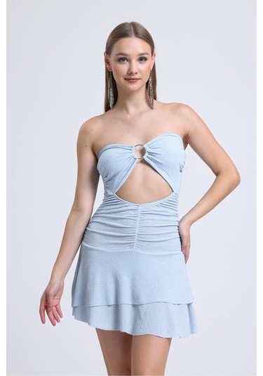 Buz Mavisi Önden Halkalı Bel Kısmı Açık Cift Kat Kloş Etekli Party Elbisesi Buz Mavisi