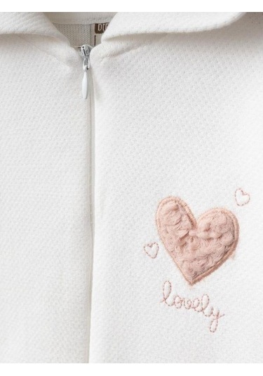 Kız Bebek Kalp Desenli Kapüşonlu Fermuarlı Tulum-15261 Ekru