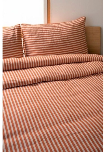 Turuncu Çizgili Keten Nevresim Yastık Seti Tek Kişilik 160x220 Cm Renkli
