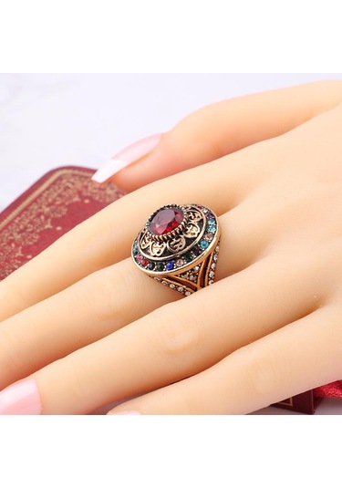 Kırmızı Kraliyet Tarzı Renkli Kristal Türk Geniş Yüzük Türkiye Çiçek Yuvarlak Reçine Parti Takı Vintage Kadın Bayan Parmak Yüzük 7 Kırmızı