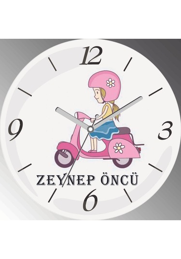 Kişiye Özel Motorbisikletli Kız Çap 30cm Sessiz Akar Bombeli Gerçek Cam Duvar Saati Siyah