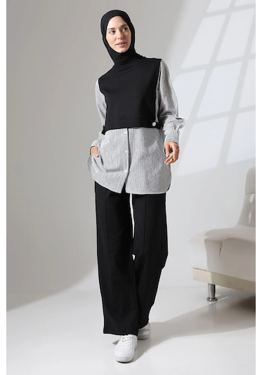 Kadın Siyah Mevsimlik Penye Alt Üst Spor Ve Rahat Ikili Tunik Pantolon Şık Tesettür Takım Siyah
