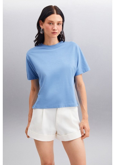 GRIMELANGE Lottıe Kadın %100 Organik Pamuklu Regular Kalıp Bisiklet Yaka Basic Kısa Kollu Indigo T-shirt Indigo