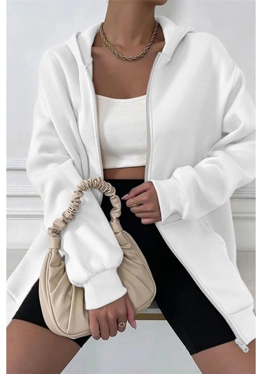 Modagen Unisex Beyaz Pamuk Fermuarlı Oversize Hırka Beyazhrk