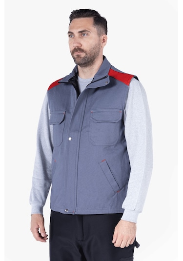 Dik Yakalı Kapitoneli Yelek Gri - Kırmızı