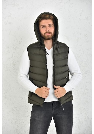 Erkek Haki Jel Dolgu Çıkarılabilir Fermuarlı Kapüşon Şişme Yelek