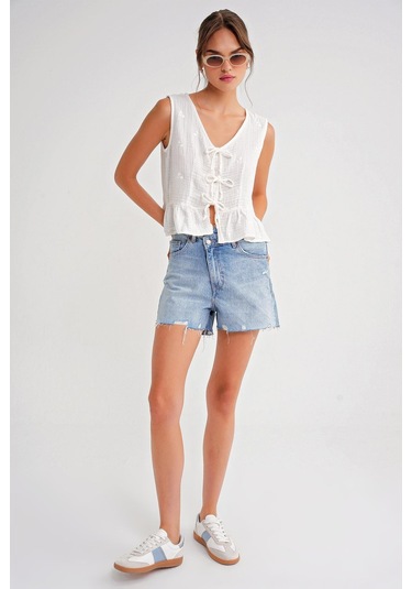 4724 Kadın Çicek Desenli Bağlamalı Müslin Bluz Ekru Ekru