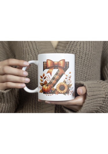 Z Harfi Ekose Ve Sonbahar Temalı Kupa Bardak - Kişiye Özel Sıcak Tonlar Alfabe Kupa - Hediye Beyaz