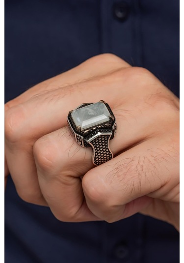 Yüzük Sanatı Beyaz Paraipa Taşlı Parlak 925 Gümüş Erkek Yüzük