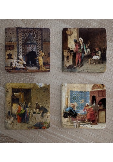 Oryantal Satranç Oynayanlar Kahveci Ve Sultan Süleyman Doğal Taş Bardak Altlığı 4'lü Set - Natural Stone Coasters - Taş Çok Renkli