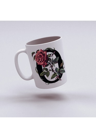 O Baş Harf Kırmızı Güller İle Sarılı Bardak 330 Ml Kişiye Özel Çiçekli Hediye Beyaz