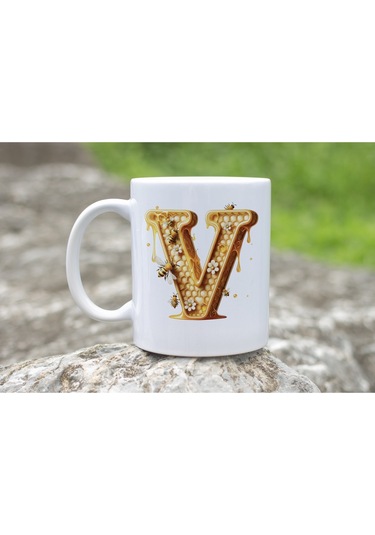 V Harfi Bal Arısı Tasarım Kupa Bardak - Bal Ve Petek Desenli Kişiye Özel Kahve Kupası - Hediyelik Beyaz