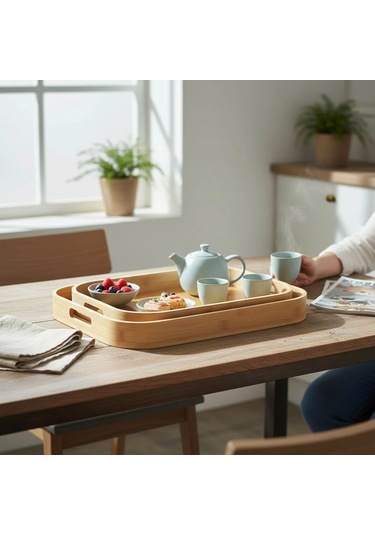 Mybru Dikdörtgen Bambu Tepsi 2'li Set Ahşap