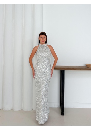 Halter Yaka Payetli Gümüş Abiye Elbise Gümüş