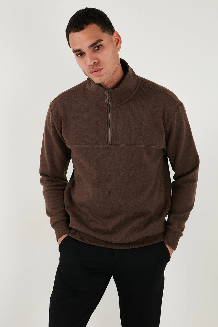 Buratti Pamuklu Regular Fit Yarım Fermuarlı Dik Yaka Erkek Kazak 456112 Kahve