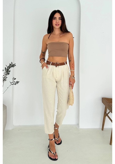 Kemer Detaylı Keten Pantolon Krem Krem
