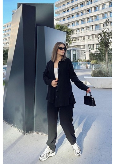 Kadın Siyah Salaş Uzun Gömlek & Beli Lastikli Pantolon - Alt & Üst Müslin Kumaş Takım Siyah