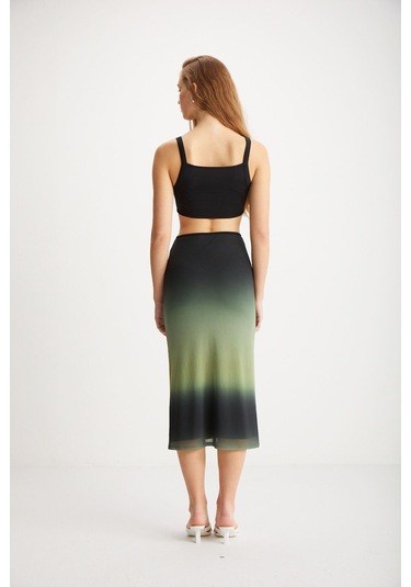 Nuala Kadın Tül Mesh Kumaşlı Astarlı Yandan Dekoltelı Degrade Desenli Siyah - Yeşil Elbise