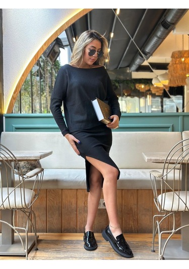 Tua Moda Kadın Uzun Kollu Düşük Omuz Yırtmaç Detay Kaşkorse Etek Bluz Ikili Takım Siyah