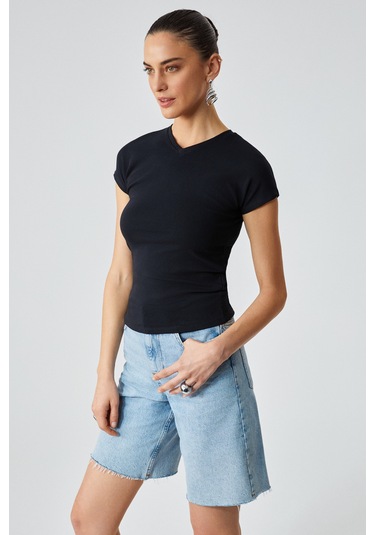 Grımelange Marta Kadın Yuvarlak Yaka Kısa Kol Slim Siyah T-shirt Siyah